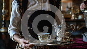A wellgroomed server with a neat bun and crisp apron presents a tray of coffee to an elegantly dressed guest. The silver photo