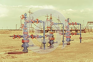 Wellheads with valve armature on a oil field.