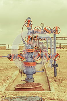 Wellheads with valve armature on a oil field.