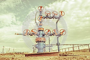 Wellheads with valve armature on a oil field.