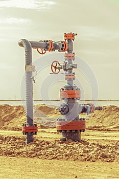 Wellheads with valve armature on a oil field.