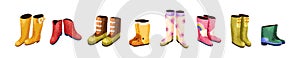 Wellies, modern rubber gum boots set. Fashion waterproof gumboots, rain water protection footwear in trendy style. Foot