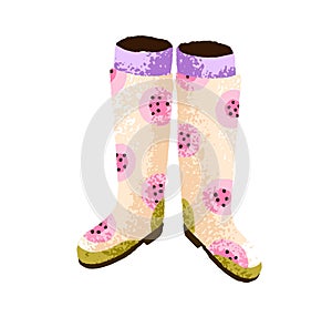 Wellies, rain footwear. Waterproof gumboots with playful pattern. Garden rubber gum boots. Rainboots in colorful design photo