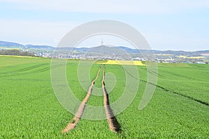 Welling, Germany - 05 09 2021: deep tractor tracks in the grain fields photo