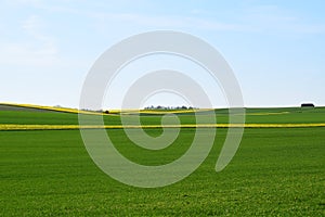 Welling, Germany - 05 09 2021: green and yellow fields like stripes on the hill photo