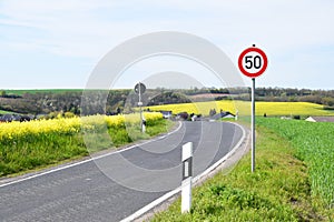 Welling, Germany - 05 09 2021: Limit 50 on the narrow road into Welling photo