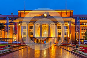 WELLINGTON, NEW ZEALAND, FEBRUARY 8, 2020: Night view of the main train station in Wellington, New Zealand