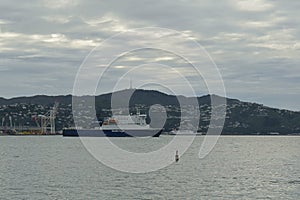 WELLINGTON, NEW ZEALAND - May 28, 2019: View of Bluebridge ferry at Lambton Harbour