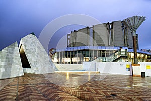 WELLINGTON, NEW ZEALAND - SEPTEMBER 4, 2018: Museum of New Zealand Te Papa Tongarewa at night. This is the national museum and ar photo