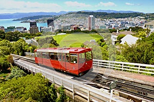 Wellington`s famous cable car goes up towards the Wellington Observatory in Wellington, New Zealand