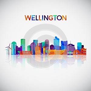 Wellington skyline silhouette in colorful geometric style.