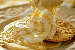 welllit shot of a spreadable cheese being swiped onto a cracker