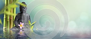 wellness background with buddha, bamboo and frangipani flowers