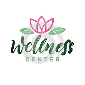 Wellness Center Vector Logo. Stroke Pink Water Lilly Flower Illustration. Brand Lettering