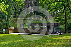 Wellness city park of Karolis Dineika in Druskininkai, Lithuania. Aeroionotherapy pavilion and the terrace, tourist attraction