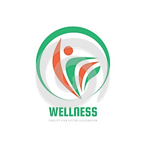 Wellness - concept logo template vector illustration. Abstract human character with wing creative sign. Nature leaves in circle.