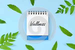 Wellness concept. Word written on blue notepad. Beautiful minimalist flat lay composition.