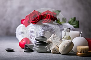 Wellness decoration, spa massage setting,  oil on stone background. Valentine`s Day Zen and relax concept