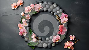 wellness design with orchids and black pebbles