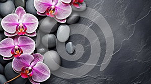 wellness design with orchids and black pebbles