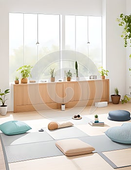wellness focused workspace interior design with yoga mats meditation cus