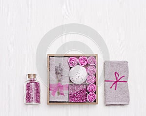 Wellness gift box with lavender flowers and lavender aroma, bath bomb, sea salt, bath roses, towel. Present for woman
