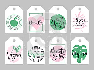 Wellness, health and beauty organic products labels. Spa, healthy yoga center logo vector illustration set. Natural