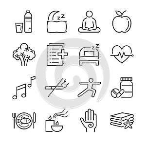 Wellness life line icon set. Included the icons as water, spa, good sleep, exercise, mental health and more.