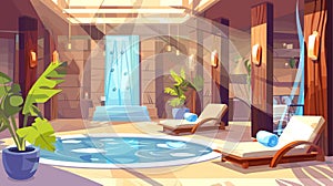 Wellness relax room. Spa center with water pool and resting sofas. Meditation area, body and mind rest. Vector cartoon