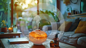 wellness retreat amenities, a serene diffuser with essential oils at a wellness retreats cozy corner, fostering photo