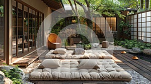 wellness retreat design, tranquil outdoor area at a wellness retreat featuring cozy cushions and throws, offering a