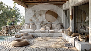 wellness retreat design, tranquil outdoor setting at a spa retreat offers cozy cushions and blankets to create a serene photo