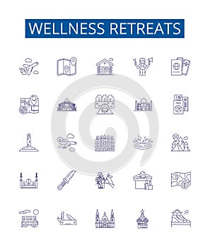 Wellness retreats line icons signs set. Design collection of Wellbeing, Retreats, Relaxation, Health, Rejuvenation