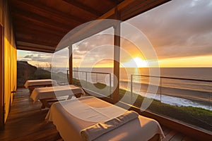 wellness retreats, with view of sunset over ocean, for peaceful and relaxing atmosphere