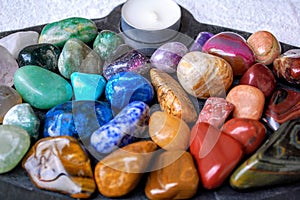 Wellness rocks and crystals zen garden board closeup