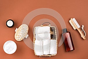 Wellness salon accessory composition. Cosmetics SPA branding mockup. Wellness concept. Body care supplies