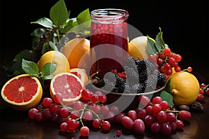 Wellness showcased, mixed fruits, berries, citrus, apples, fresh juices A colorful, healthful scene