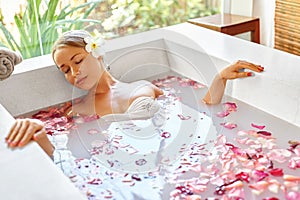 Wellness. Skin, Body Care Spa Therapy. Woman In Bath. Beauty