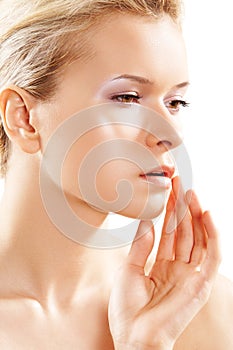 Wellness & skin care. Pure female model face, soft