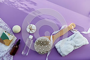 Wellness and SPA beauty treatment complete hygiene accessories with essence oil, natural soap, massage brush, bath bomb