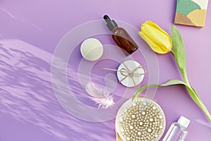 Wellness and SPA beauty treatment complete hygiene accessories, natural soap, essence oil, massage brush, bath bomb