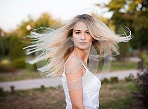 Wellness and spa. Sensual woman model with windswept flying dark