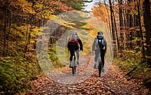 Wellness and sport activity in autumn, Two cyclists riding along an autumn forest road, back view