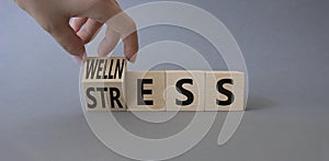 Wellness and Stress symbol. Busnessman hand. Turned Wooden cubes with word Wellness and Stress. Beautiful grey background.