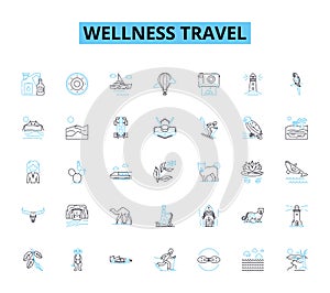 Wellness travel linear icons set. Relaxation, Rejuvenation, Serenity, Balance, Mindfulness, Healing, Nourishment line