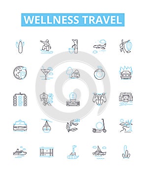 Wellness travel vector line icons set. Wellness, Travel, Health, Vacation, Nourishment, Rejuvenation, Adventure