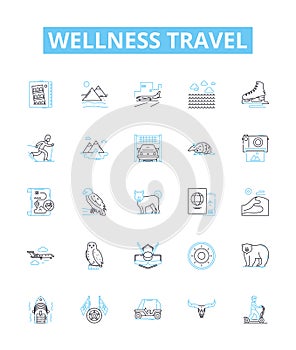 Wellness travel vector line icons set. Wellness, Travel, Health, Vacation, Nourishment, Rejuvenation, Adventure