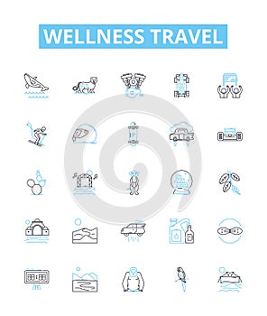 Wellness travel vector line icons set. Wellness, Travel, Health, Vacation, Nourishment, Rejuvenation, Adventure