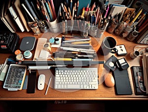 Wellorganized office desk with stationery computer and coffee