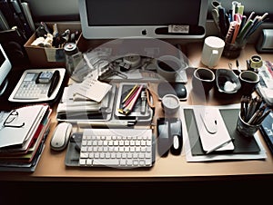 Wellorganized office desk with stationery computer and coffee
